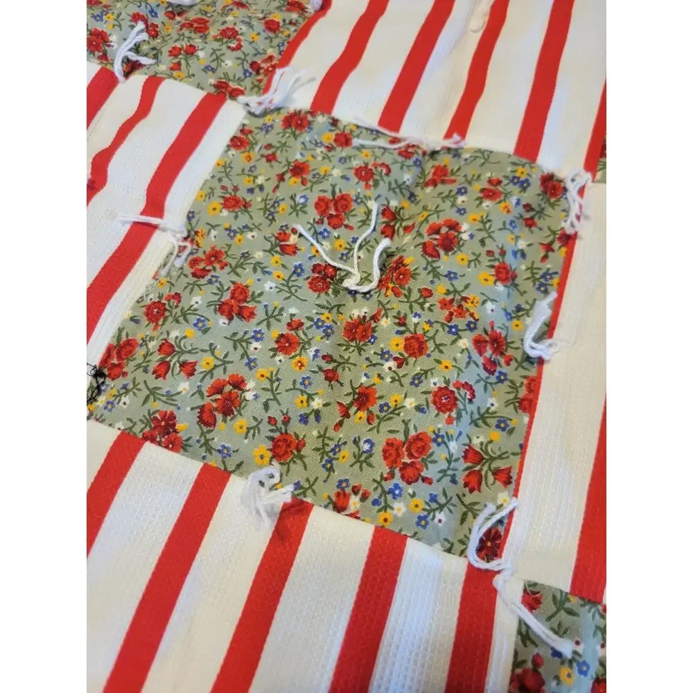 Machine Patchwork Quilt Red Stripe Floral Tied Cottage Farmhouse Throw 42x54‎ in